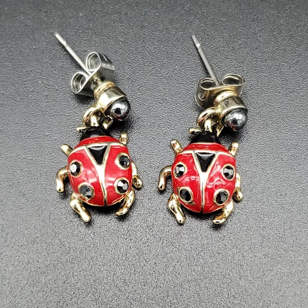 Enamel and Rhinstone Ladybug Earings Signed LP